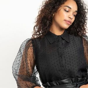 Eloquii Swiss Dot Puff Sleeve Black Button Down Blouse - Size 16 - NWT